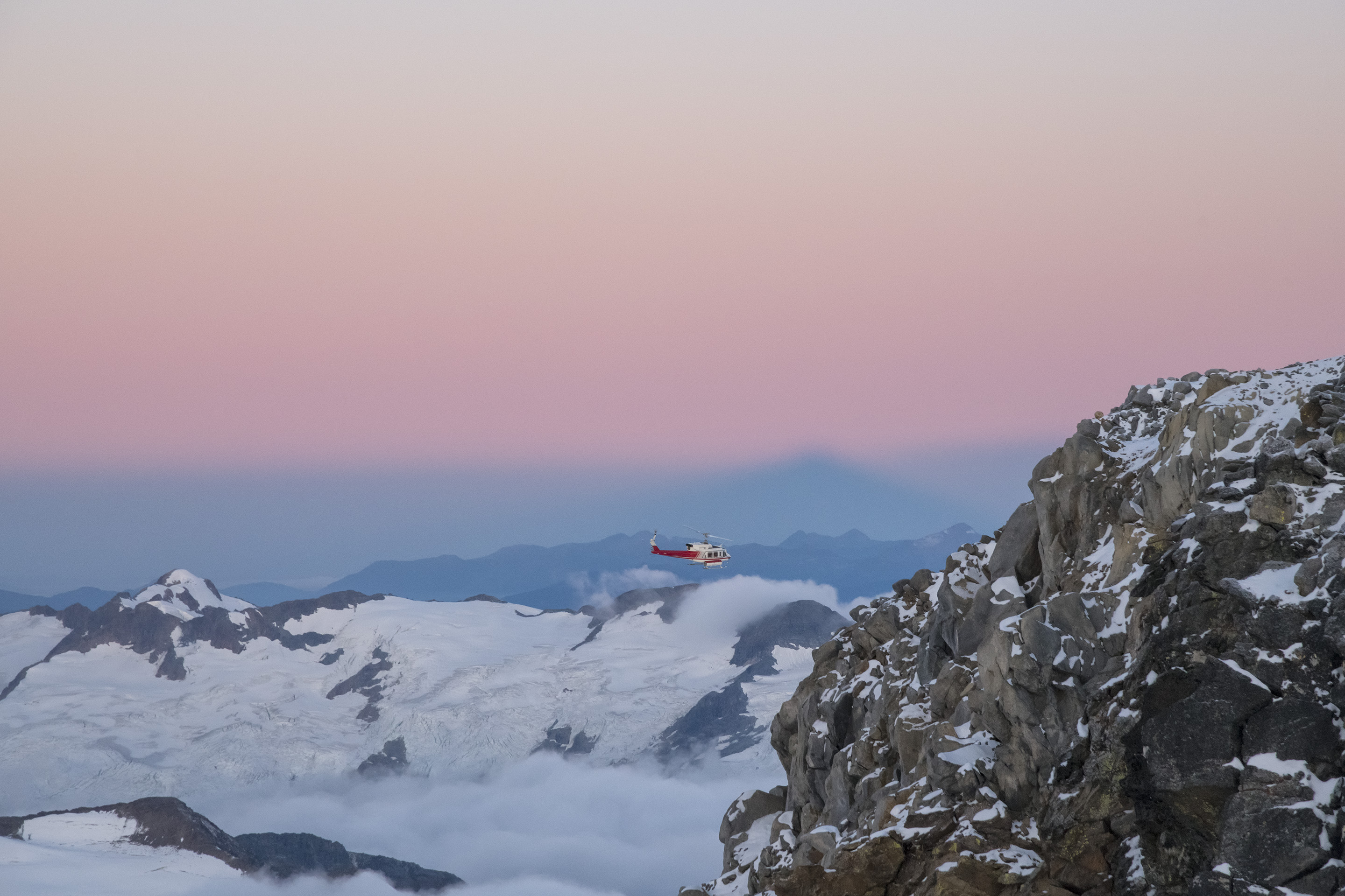 helicopter landing at dawn
