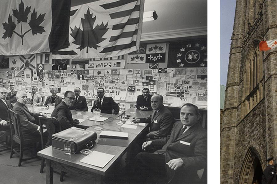 Left: Queen’s University Archives, John Matheson Fonds, Locator #2131; right: Duncan Cameron/Duncan Cameron/PA-168019, Library and Archives Canada The Flag Committee, Canada, Flag, maple leaf, 1965