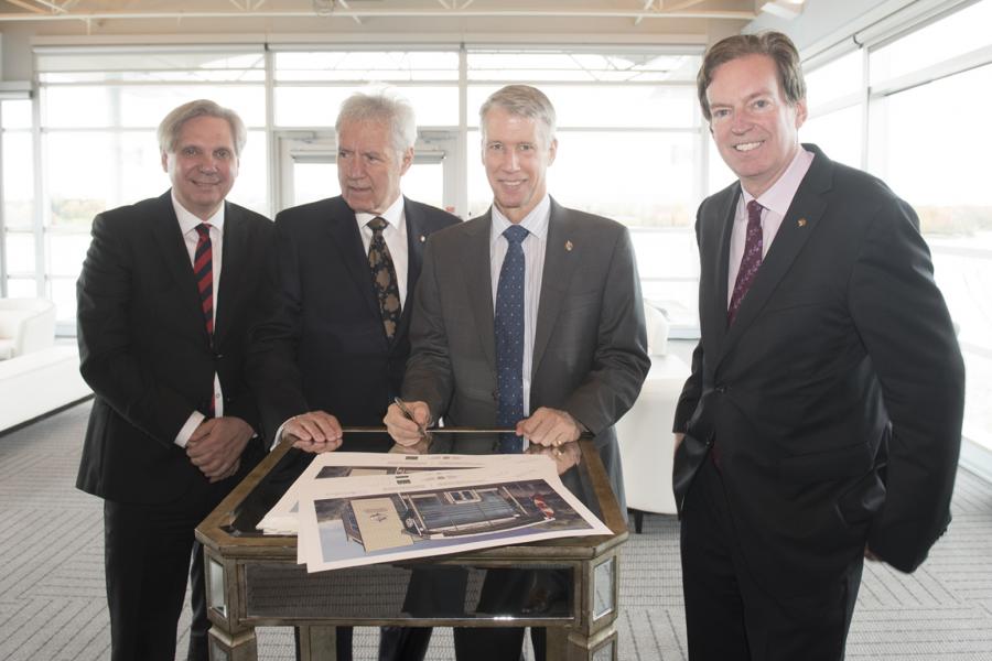 Photo: Colin Rowe/Canadian Geographic Mark Kristmanson, Alex Trebek, Andrew Leslie and John Geiger at the 50 Sussex announcement