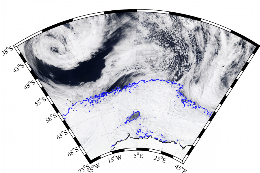 Image: MODIS-Aqua via NASA Worldview; sea ice contours from AMSR2 ASI) Satellite image of Antarctica Weddell Sea with sea ice and extra-tropical cyclones from September 25, 2017