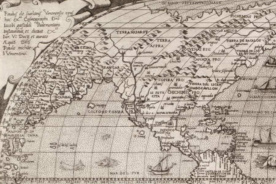 Map: Paolo Forlani, courtesy Library and Archives Canada Portion of Paolo Forlani's 1560 map of the world showing "Canada" for the first time