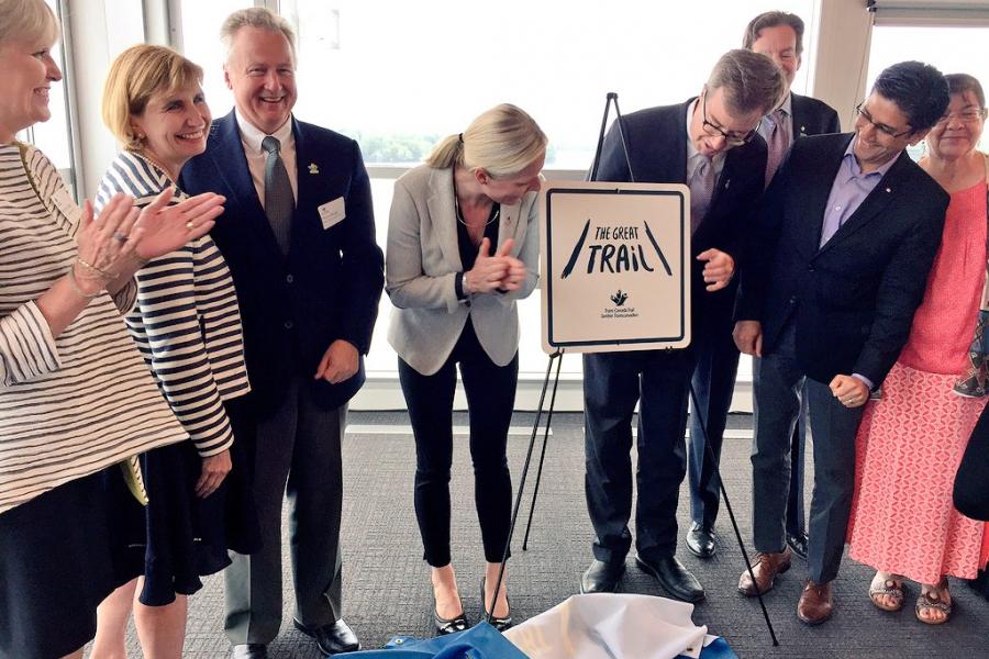 Photo: Alexandra Pope/Canadian Geographic dignitaries unveil new wayfinding signage for the great trail at 50 Sussex