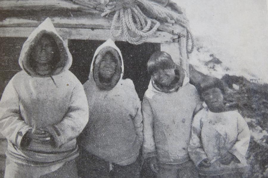 Photo: Dr. S.K. Hutton, 1915. The Tuglavina family at Okak, 1915, right to left: Arnatuk, Renatus (Kuttaktok), Josef and Jonas