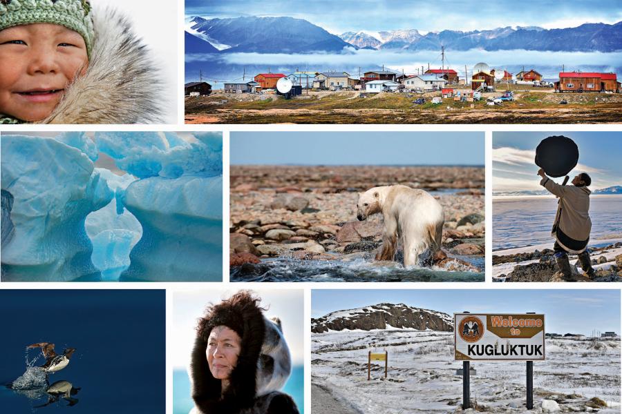 Photos: Michelle Valberg a collage of images of Nunavut, including an Inuit child, Aaju Peter, a polar bear, the community of Pond Inlet, Lamech Kadloo, the community of Kugluktuk, ice