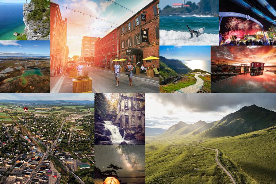 Photos, left to right, top to bottom: @ms.chels, @roryffarrell, @eyeforthis, @j_macindoe, @theradicalc, @nick_osbourne, @brianwlackey, @ronniekinnie, @anatoletuzlak, @nicolebutzphoto, @gord_follett_photography a collage of photos of Canadian places including Cape Breton, Fogo Island, Gatineau Park, Charlottetown, Calgary, Nunavut